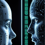 **Prompt:** "Abstract artwork depicting a blurred line between human and artificial intelligence, symbolizing the copyright ownership debate. Focus on the tension and uncertainty, incorporating legal symbols and binary code."
