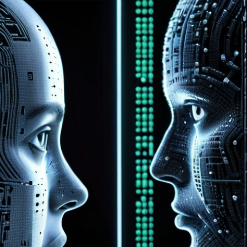 **Prompt:** "Abstract artwork depicting a blurred line between human and artificial intelligence, symbolizing the copyright ownership debate. Focus on the tension and uncertainty, incorporating legal symbols and binary code."