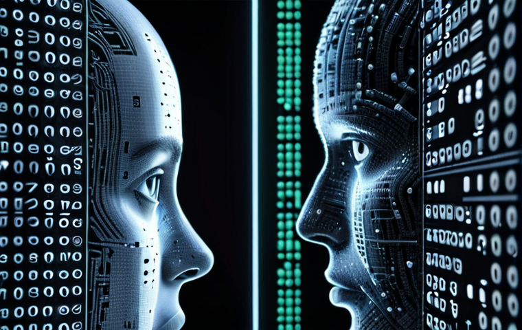 **Prompt:** "Abstract artwork depicting a blurred line between human and artificial intelligence, symbolizing the copyright ownership debate. Focus on the tension and uncertainty, incorporating legal symbols and binary code."