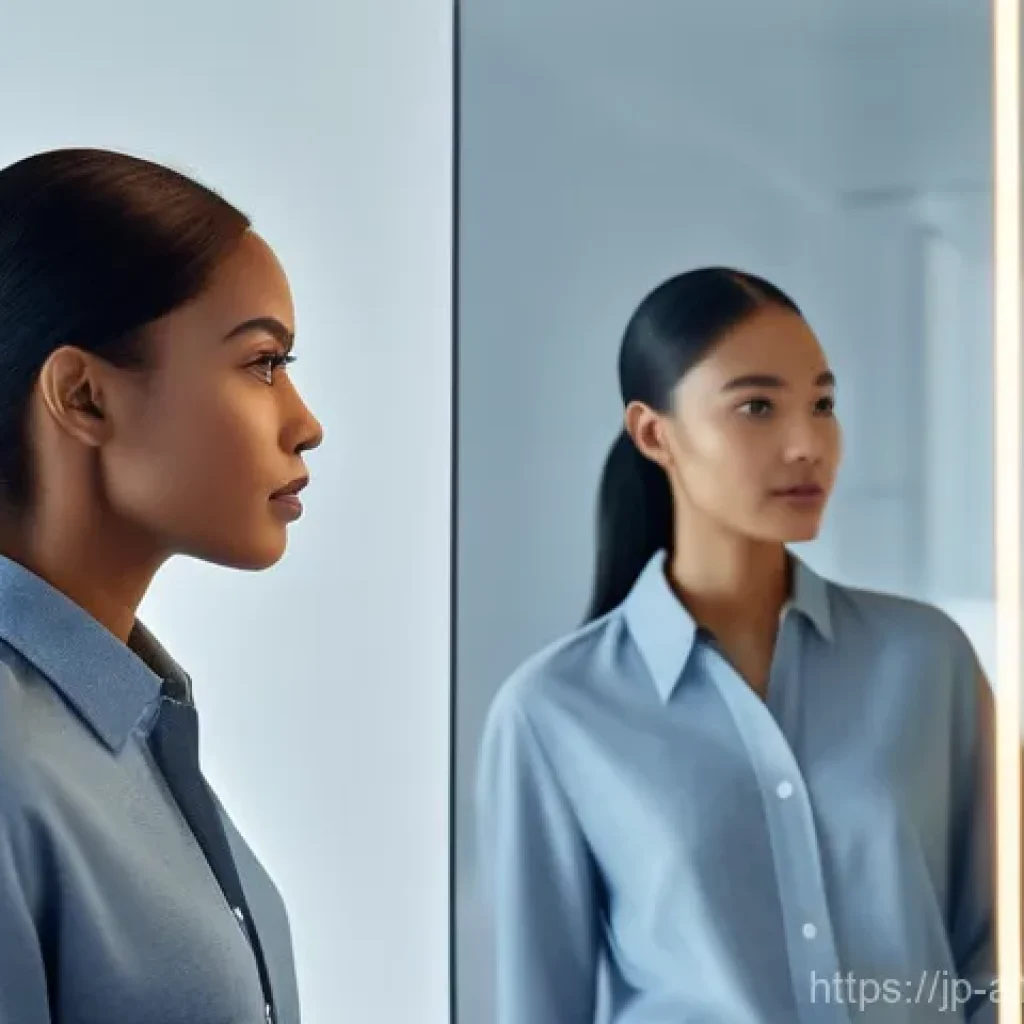 AI의 편향을 줄이기 위한 학습 방법 - **Prompt:** A futuristic, sleek smart mirror in a minimalist apartment. A young, diverse professiona...