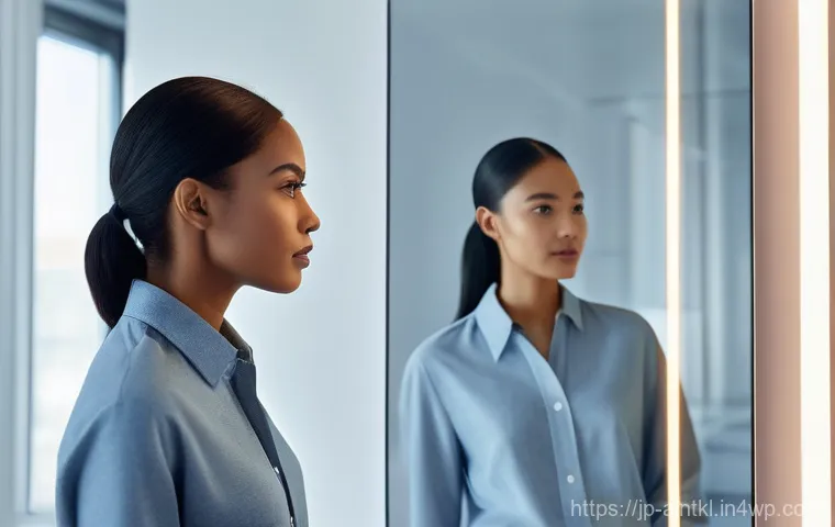 AI의 편향을 줄이기 위한 학습 방법 - **Prompt:** A futuristic, sleek smart mirror in a minimalist apartment. A young, diverse professiona...