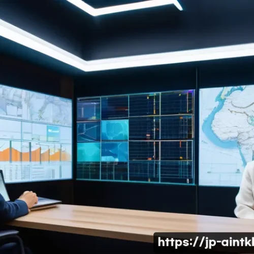 AI 윤리와 공정한 데이터 사용 - A futuristic AI control room filled with diverse data streams displayed on transparent holographic s...