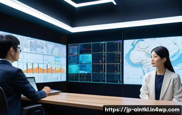 AI 윤리와 공정한 데이터 사용 - A futuristic AI control room filled with diverse data streams displayed on transparent holographic s...