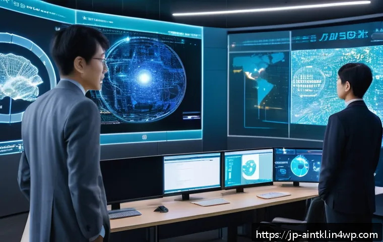 AI의 윤리적 의사결정 모델 개발 - A futuristic AI ethics control room with diverse human experts and AI systems collaborating; large t...