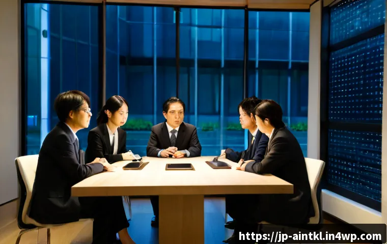 AI 시스템의 법적 책임과 윤리적 고려사항 - Photorealistic modern Japanese legal consultation scene, diverse team of Japanese professionals seat...
